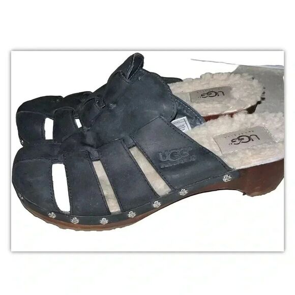 UGG Ore Wooden Leather Fisherman Black Clog Mule Sandals Size 6 - Picture 7 of 8